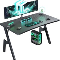 HLDIRECT 40 Inch Gaming Desk with Cable Management, Cup Holder, Headphone Hook & Mouse Pad - Carbon Fiber Black