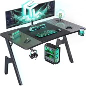 HLDIRECT 55 Inch Gaming Desk with Cable Management, Cup Holder, Headphone Hook & Mouse Pad - Carbon Fiber Black