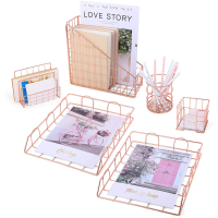 Desk Organizer Set for Women, 6 Piece Exquisite Cute Rose Gold Office Accessories, with 2 File Trays, Magazine Storage Rack,Mail Sorter, Note Holder Pen Cup. Suitable for Office, School, Home