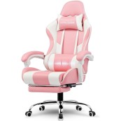 GTPLAYER Gaming Chair with Footrest and Lumbar Support, Height Adjustable, 360° Swivel Seat and Headrest - Pink & White 