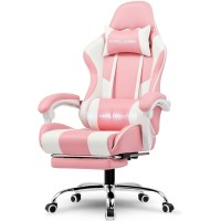 GTPLAYER Gaming Chair with Footrest and Lumbar Support, Height Adjustable, 360° Swivel Seat and Headrest - Pink & White 