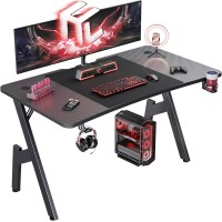 HLDIRECT 47 Inch Gaming Desk with Cable Management, Cup Holder, Headphone Hook & Mouse Pad - Carbon Fiber Black