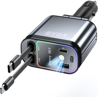 BYDA - 4 in 1 Retractable Car Charger with Starry Light,69W USB-C Fast Car Charger, for iPhone 17/16/15/14/13/12/11, Android, Pixel, Cigarette Lighter Charger (Lightning + USB-C