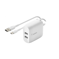 Belkin - 24W Dual Port USB Wall Charger with USB-C Cable - Fast Charging for iPhone, Galaxy , Pixel & More - White