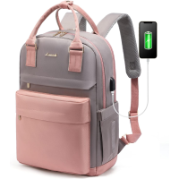 LOVEVOOK Laptop Backpack for Women 15.6 Inch Laptop Bag with USB Port, Fashion Waterproof Backpacks Teacher Nurse Stylish Travel Bags Vintage Daypacks for College Work - Pink & Grey