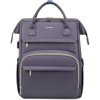 LOVEVOOK Laptop Leather Backpack 15.6 Inch With USB Charging Port - Grey Purple 