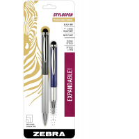 Zebra 33602 StylusPen Black Ink with Blue and Gray Barrel 1mm Telescopic Retractable Ballpoint Pen / Stylus - 2/Pack