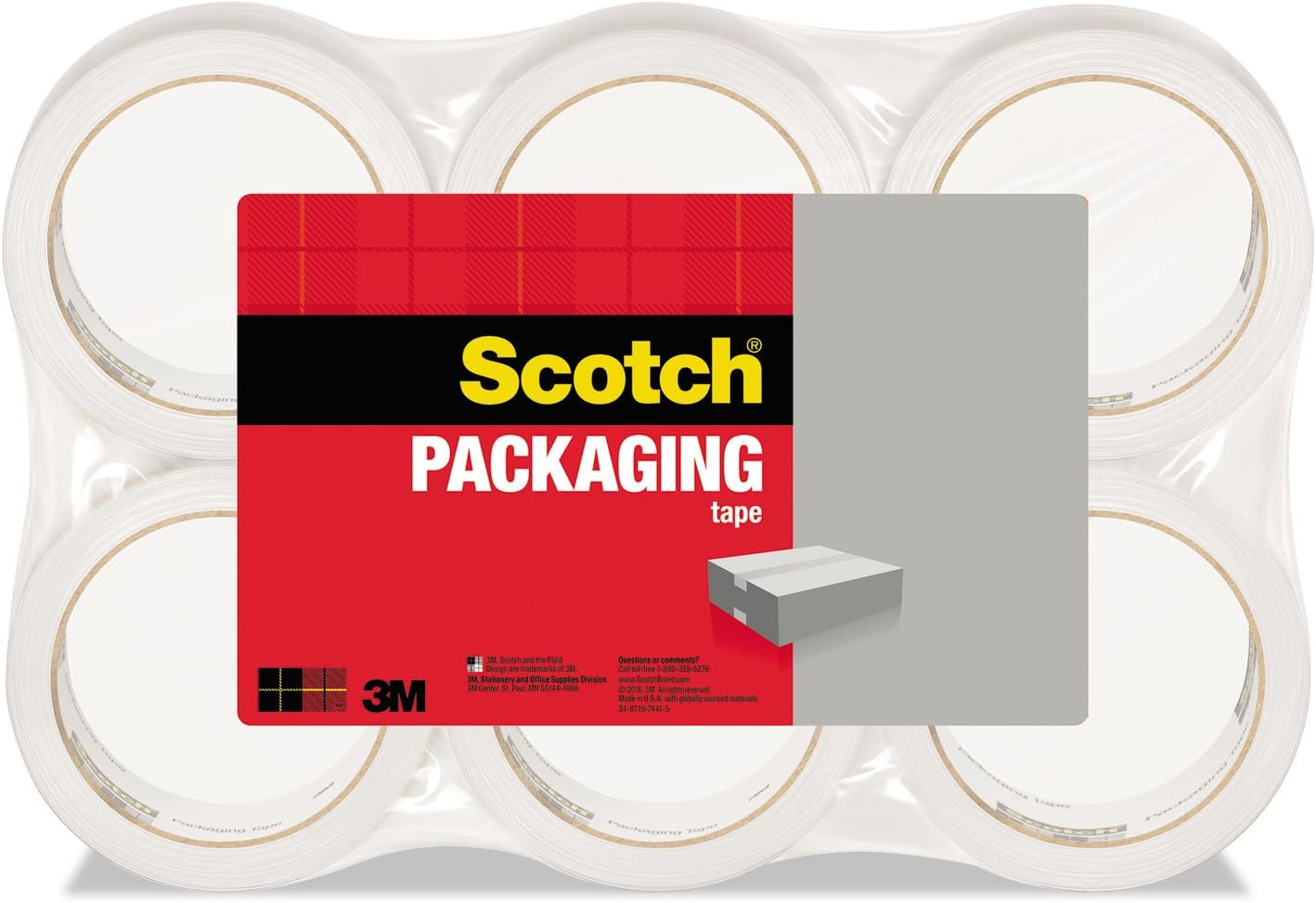 3M Scotch Shipping Packaging Clear Tape, 1.88 Inches x 54.6 Yards, Pack of 6
