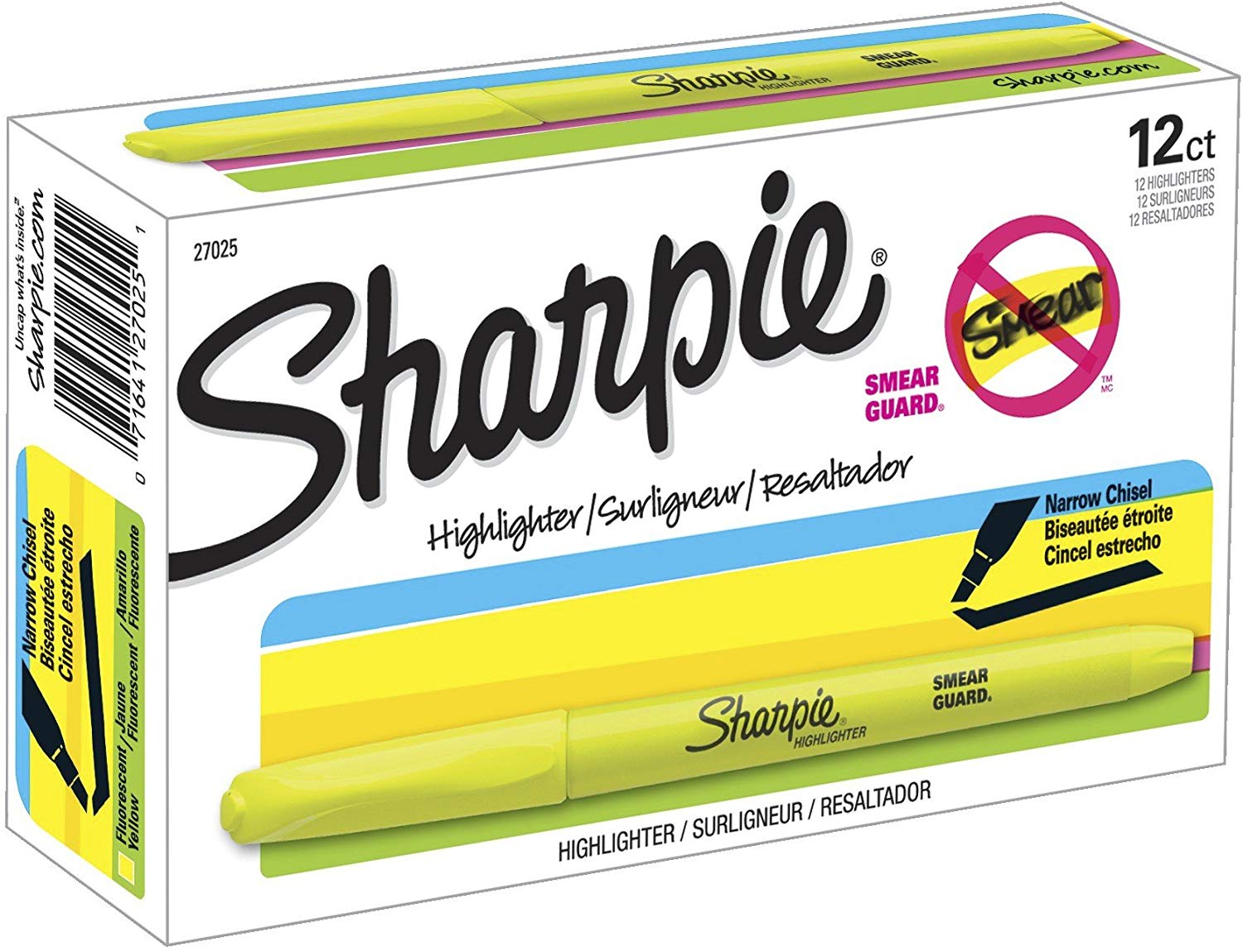 Sharpie 27025 Accent Fluorescent Yellow Chisel Tip Pocket Style Highlighter - 12/Pack