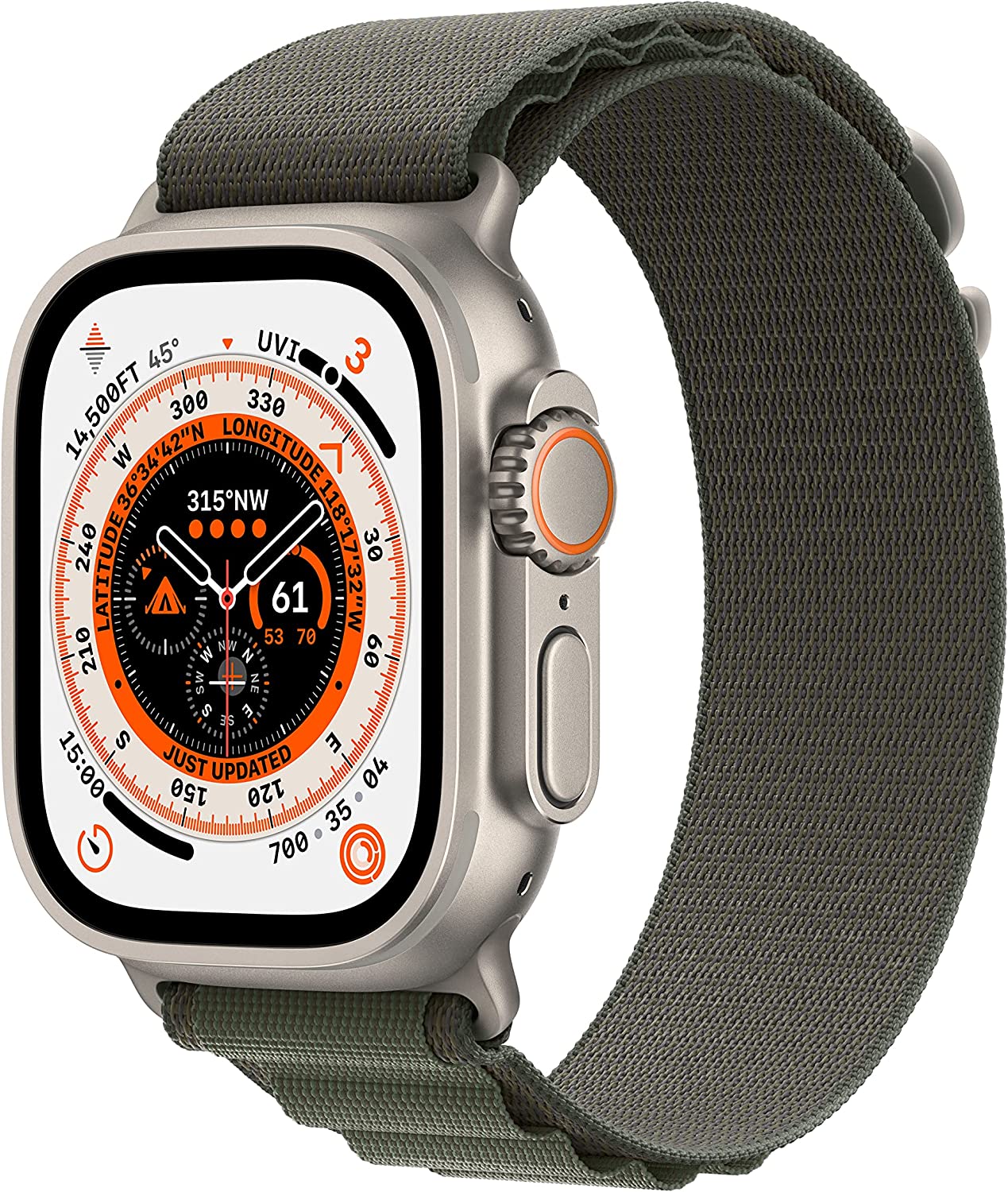 Apple Watch Ultra 49mm Titanium Case with Green Alpine Loop - Large - Titanium