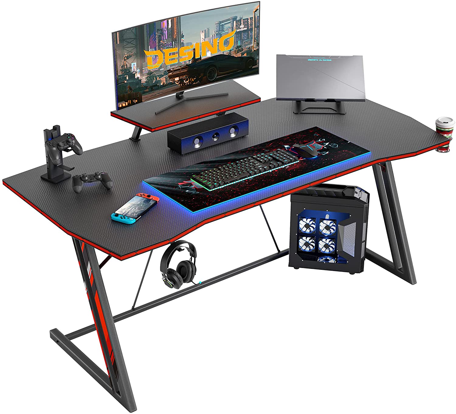 DESINO Gaming Desk 40 inch PC Computer Desk, Home Office Desk Gaming Table Z Shaped Gamer Workstation with Cup Holder and Headphone Hook, Black