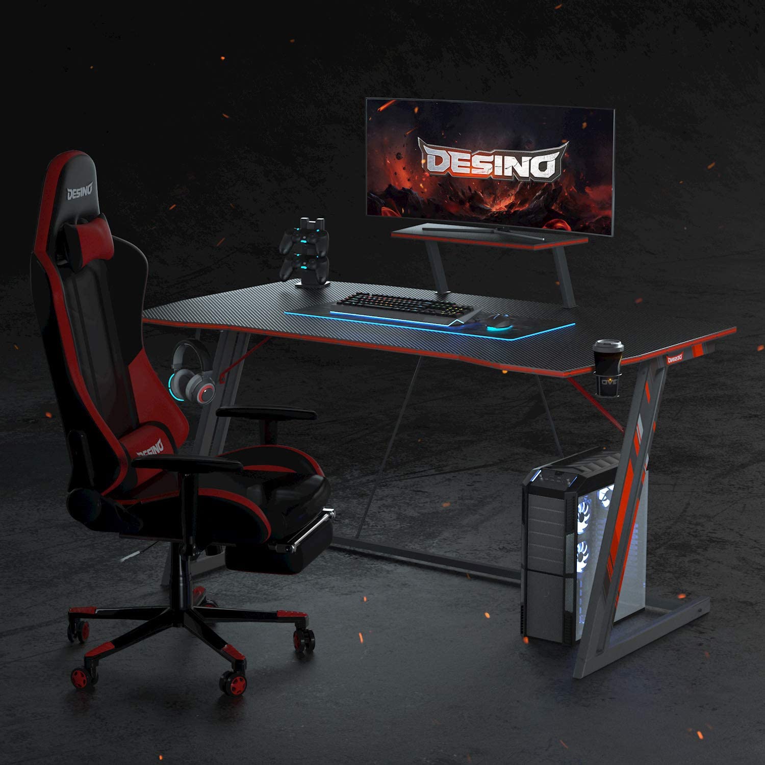 DESINO Gaming Desk 47 inch PC Computer Desk, Home Office Desk Gaming Table Z Shaped Gamer Workstation with Cup Holder and Headphone Hook, Black