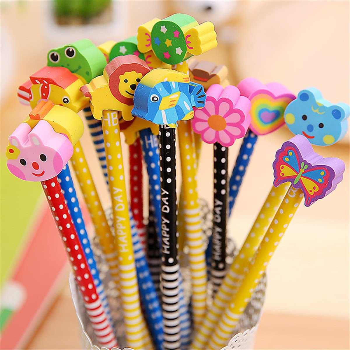 12 Wooden Lead Pencils Pack Cartoon With Eraser Colorful Novelty Animals  Stripe for sale online