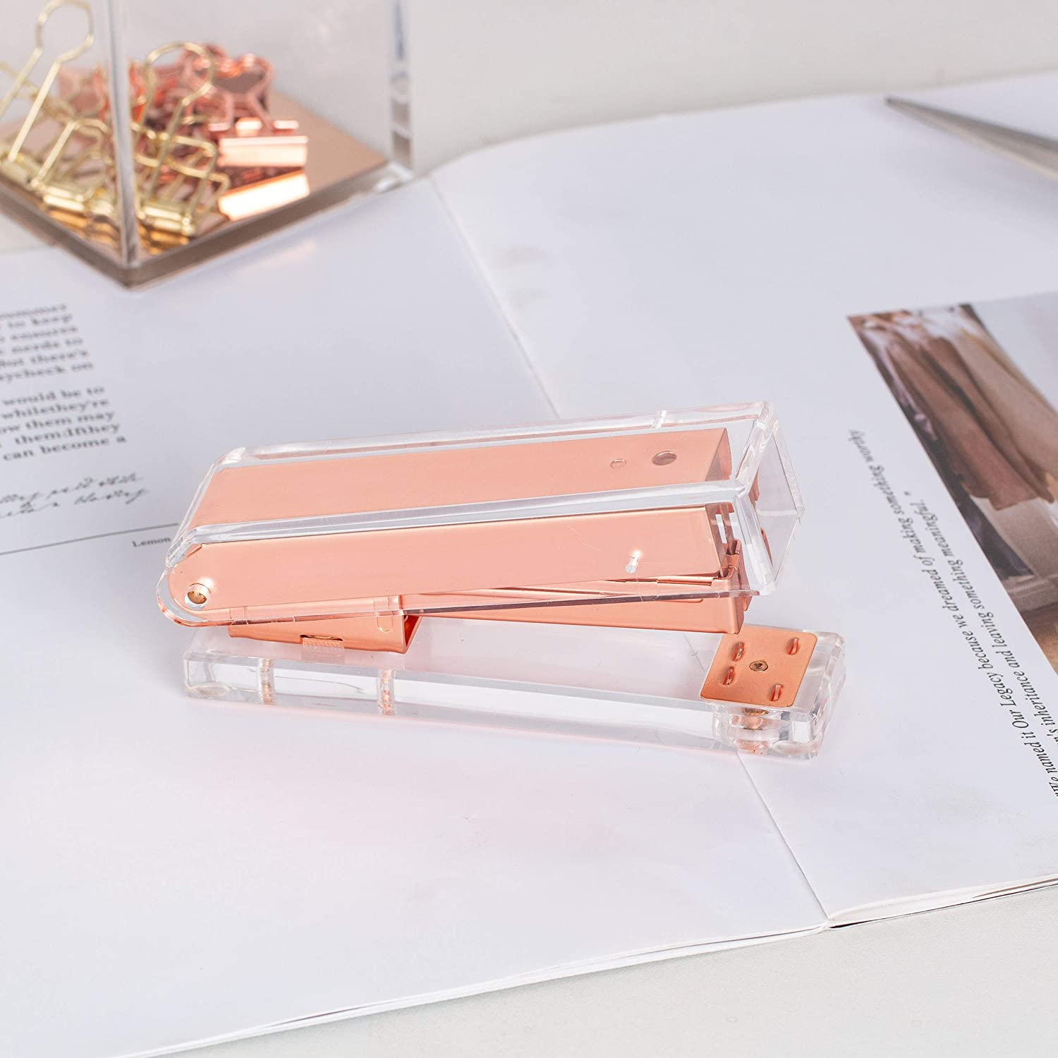 Rose Gold SIRMEDAL Elegant Ultra Clear Acrylic Rose Gold Desktop Stapler with 1000 Staples for Oiffce Accessories 