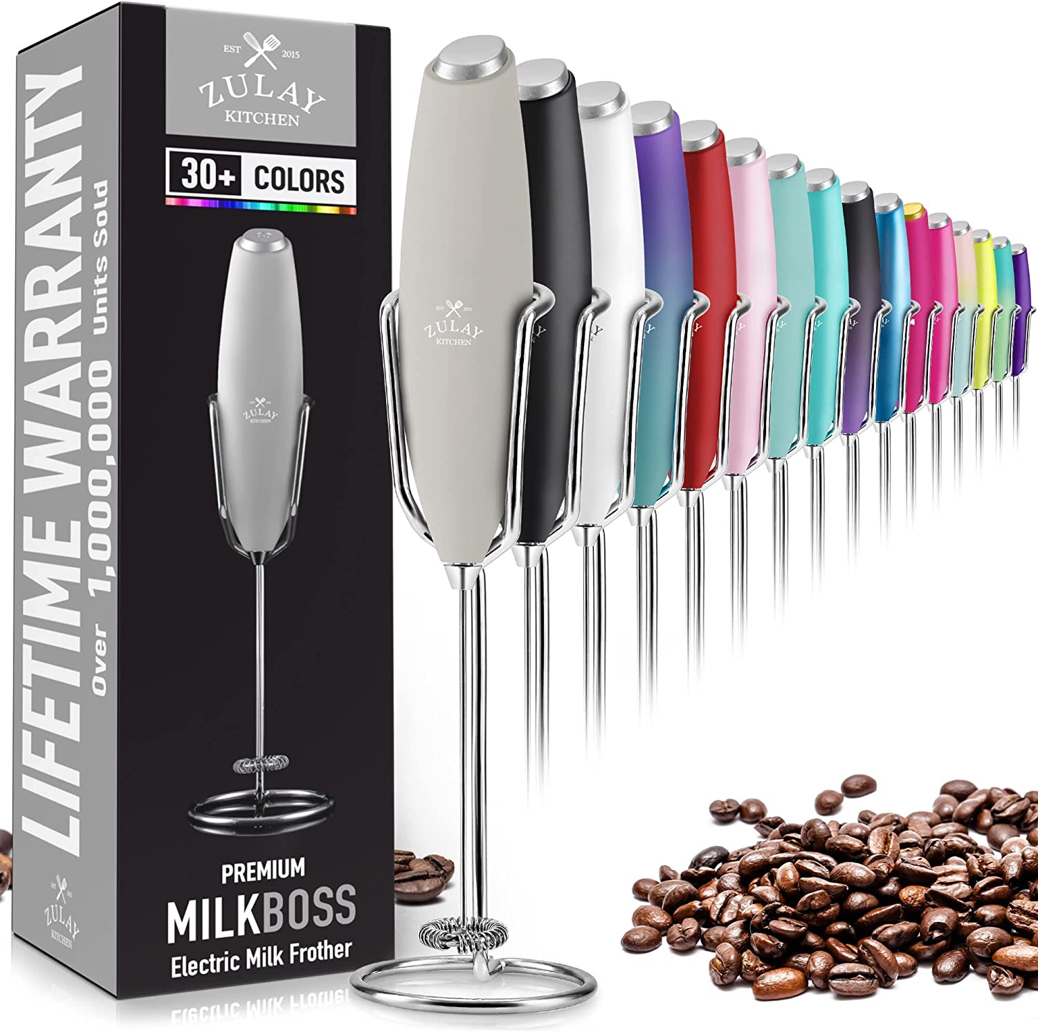 Zulay Executive Series Ultra Premium Gift Milk Frother For Coffee With Improved Stand - Coffee Frother Handheld Foam Maker For Lattes - Electric Milk Frother Handheld For Cappuccino, Frappe, Matcha - Silver