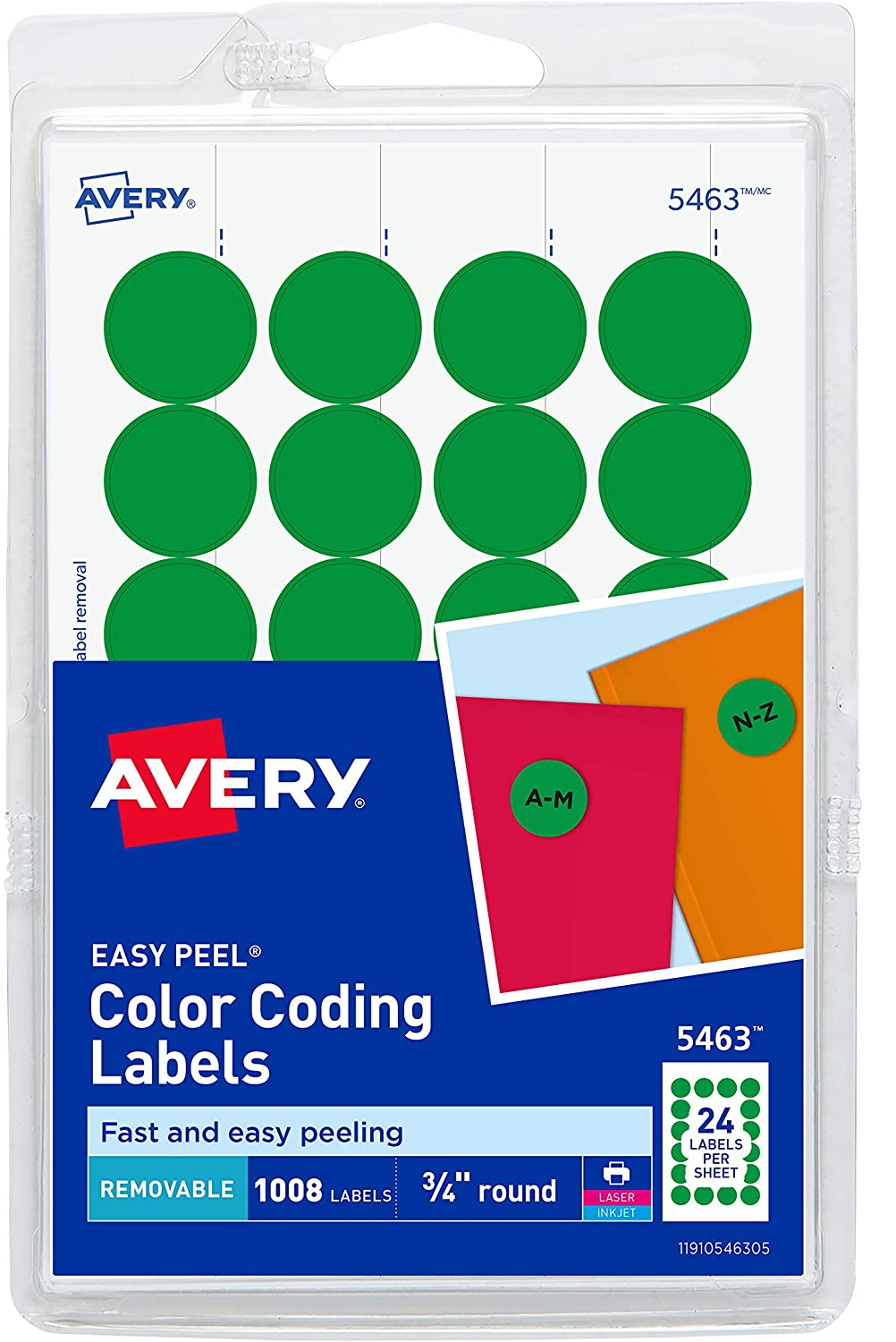 AVERY Print/Write Self-Adhesive Removable Labels, 0.75 Inch Diameter,  Green, 1008 per Pack (05463)