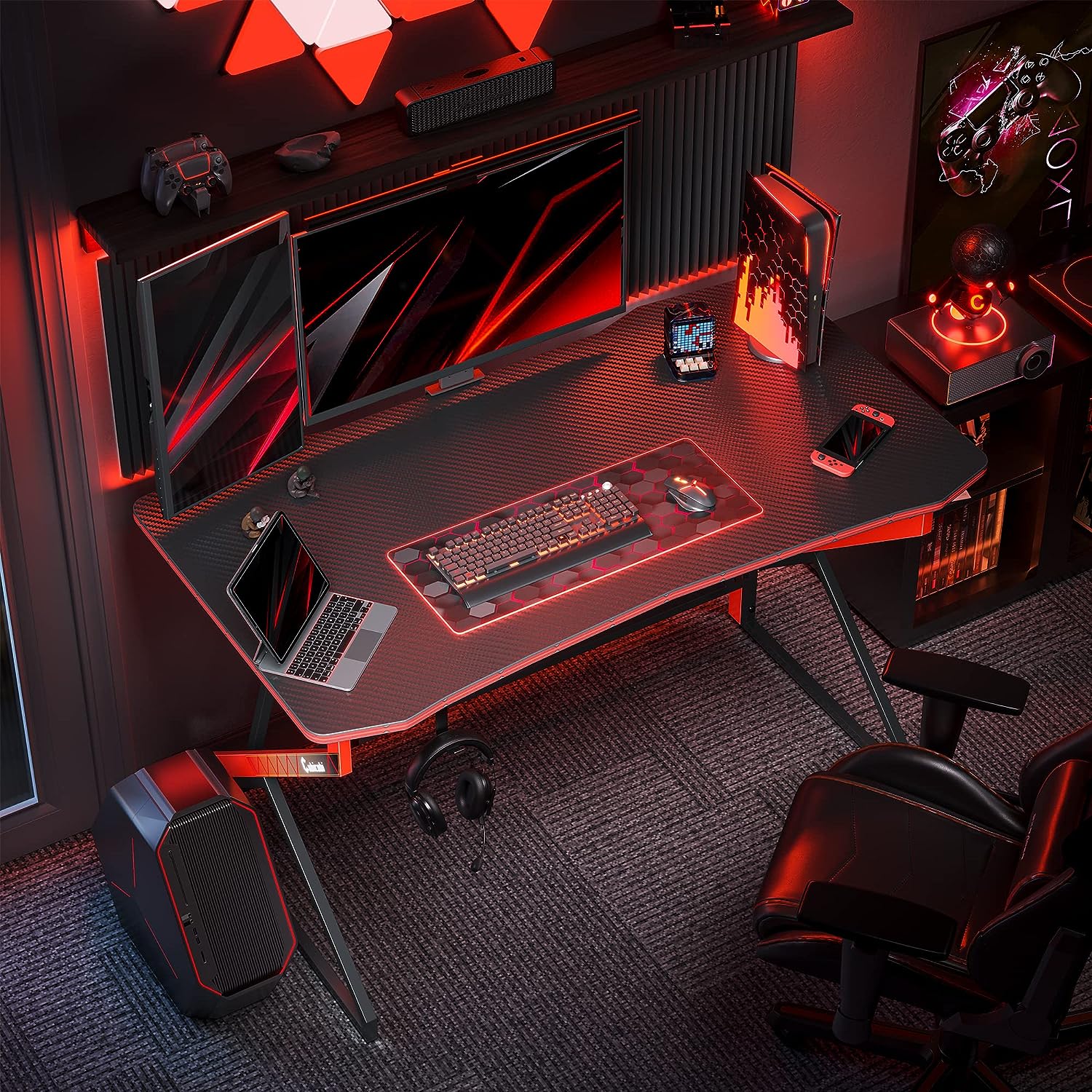 CubiCubi Gaming Desk Z Shaped 47 inch - Carbon Fiber Surface with Headphone Hook