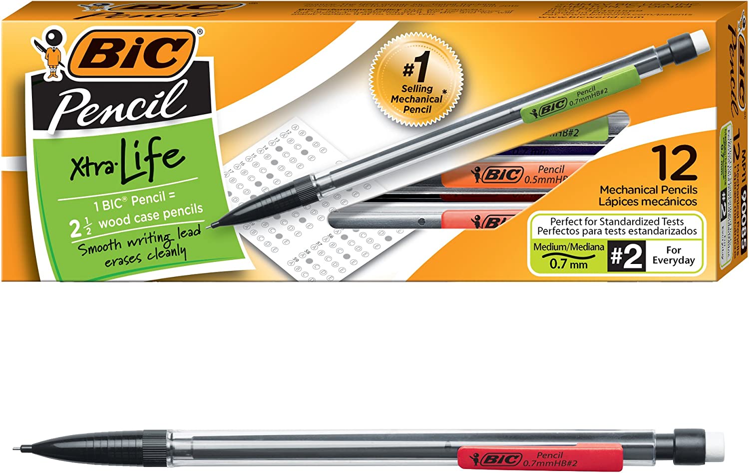 BIC XTRA LIFE MECHANICAL PENCIL CLEAR BARREL .7MM BLACK 12X