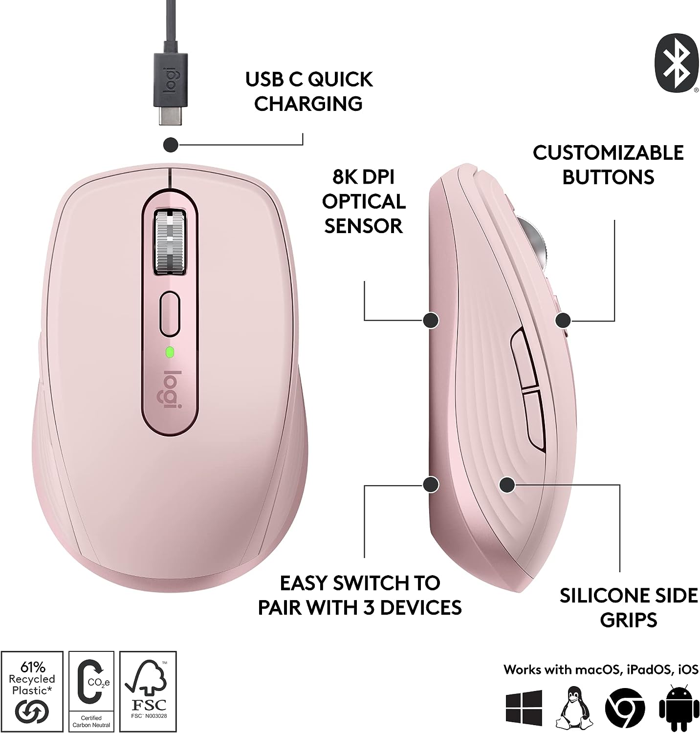 Logitech MX Anywhere 3S Compact Wireless Mouse, Fast Scrolling, 8K DPI Tracking, Quiet Clicks, USB C, Bluetooth, Windows PC, Linux, Chrome, Mac - Rose