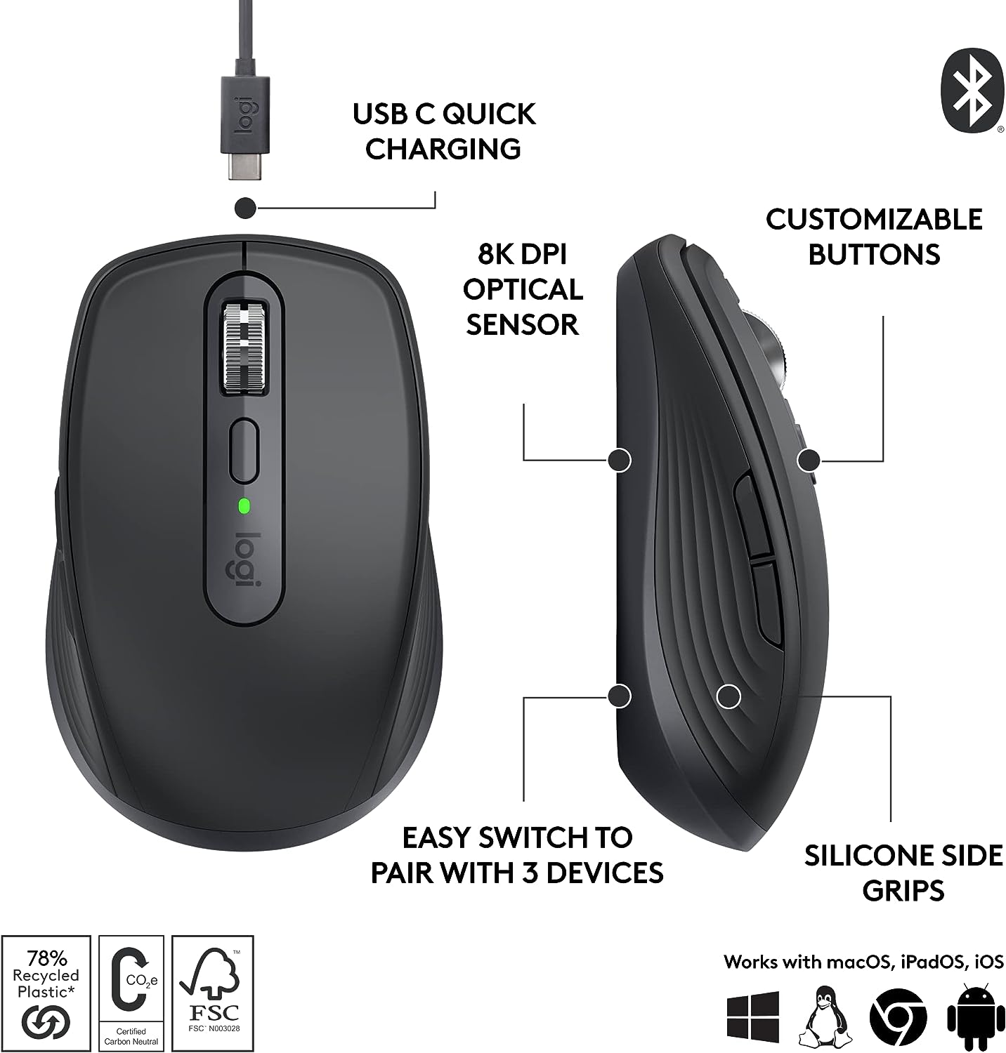 Logitech MX Anywhere 3S Compact Wireless Mouse, Fast Scrolling, 8K DPI Tracking, Quiet Clicks, USB C, Bluetooth, Windows PC, Linux, Chrome, Mac - Graphite