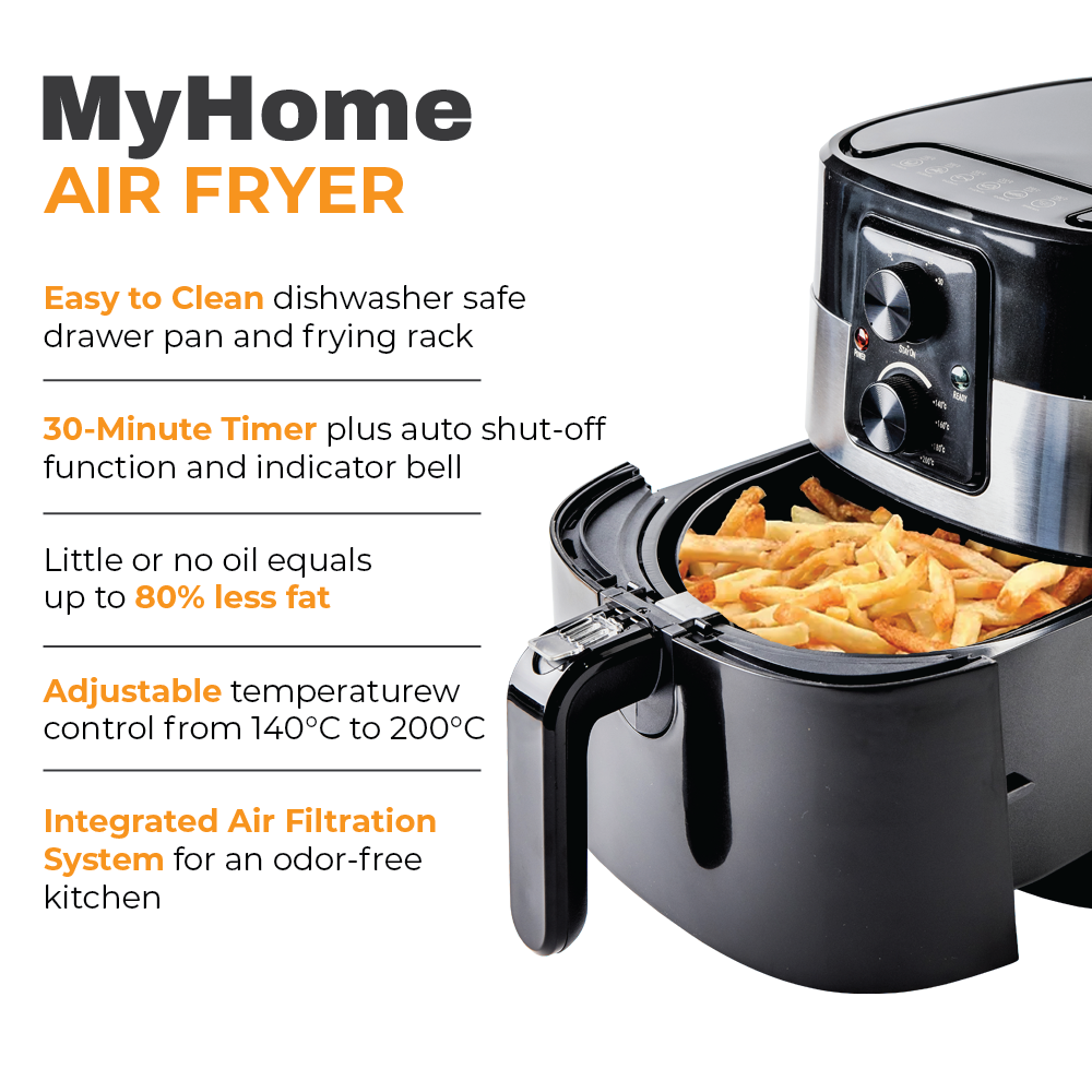 MyHome Electric 4Qt. Hot Air Fryer Large Capacity, 3 Liters of Food, Oil-Less Healthy Cooker, Temp/Timer Settings, Includes Recipes, Black