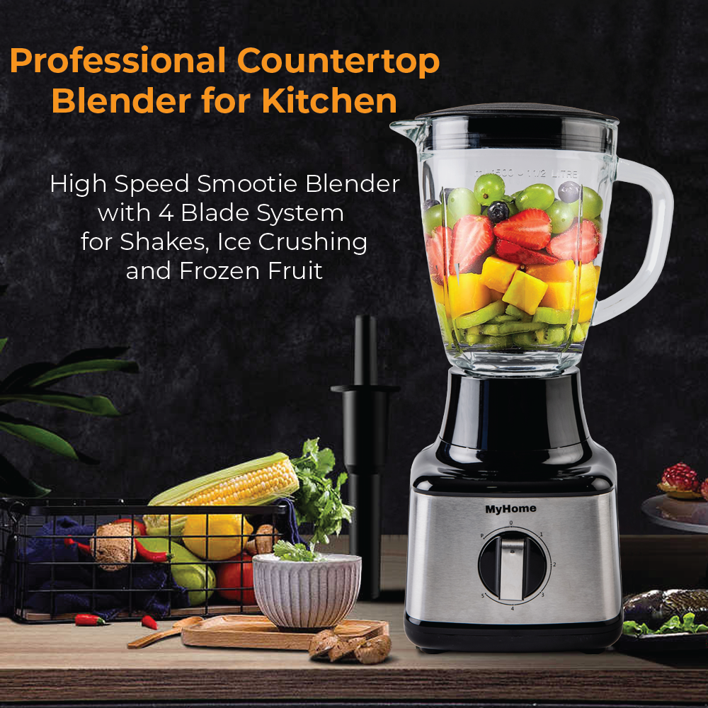 MyHome Glass Blender, Professional Countertop Blender for Kitchen, High Speed Smoothie Blender with 4 Blade System for Shakes, Ice Crushing and Frozen Fruits, 1.5 liters .