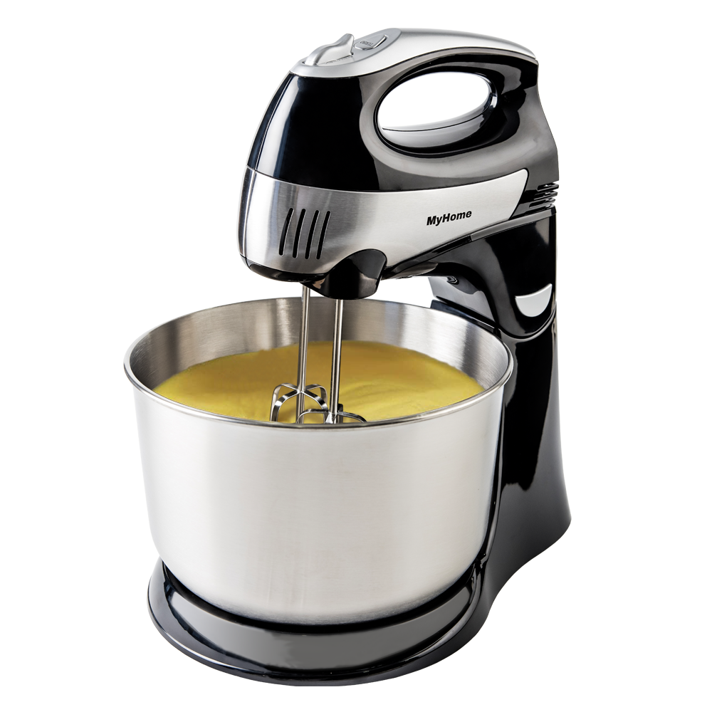 MyHome Hand and Stand Mixer, 4 Quarts, 6  Speeds with QuickBurst, 300 Watts, Bowl Rest, Black and Stainless steel